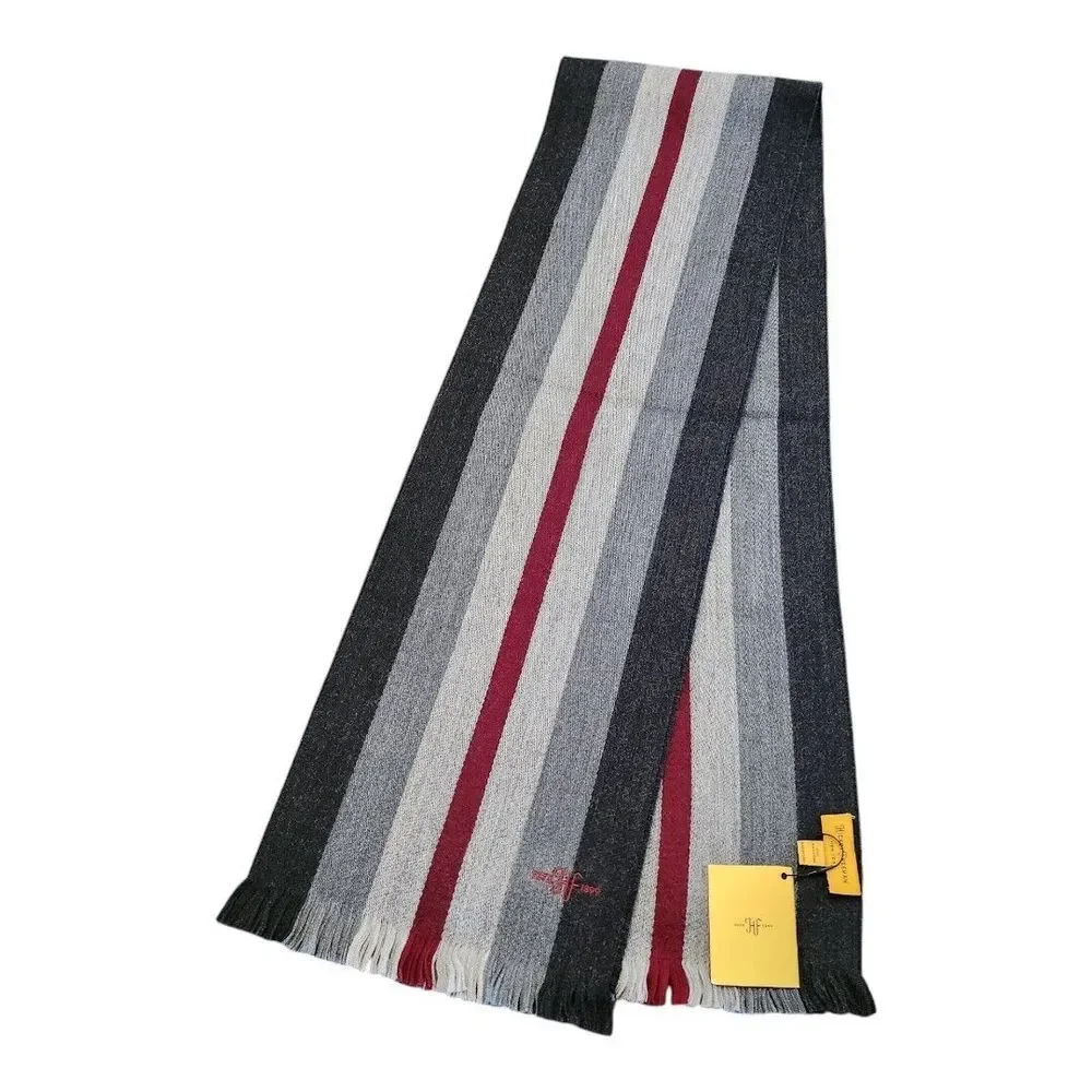 NWT HICKIE‎ FREEMAN Grey Red Striped Scarf Merino Wool Fringed Men's One Size